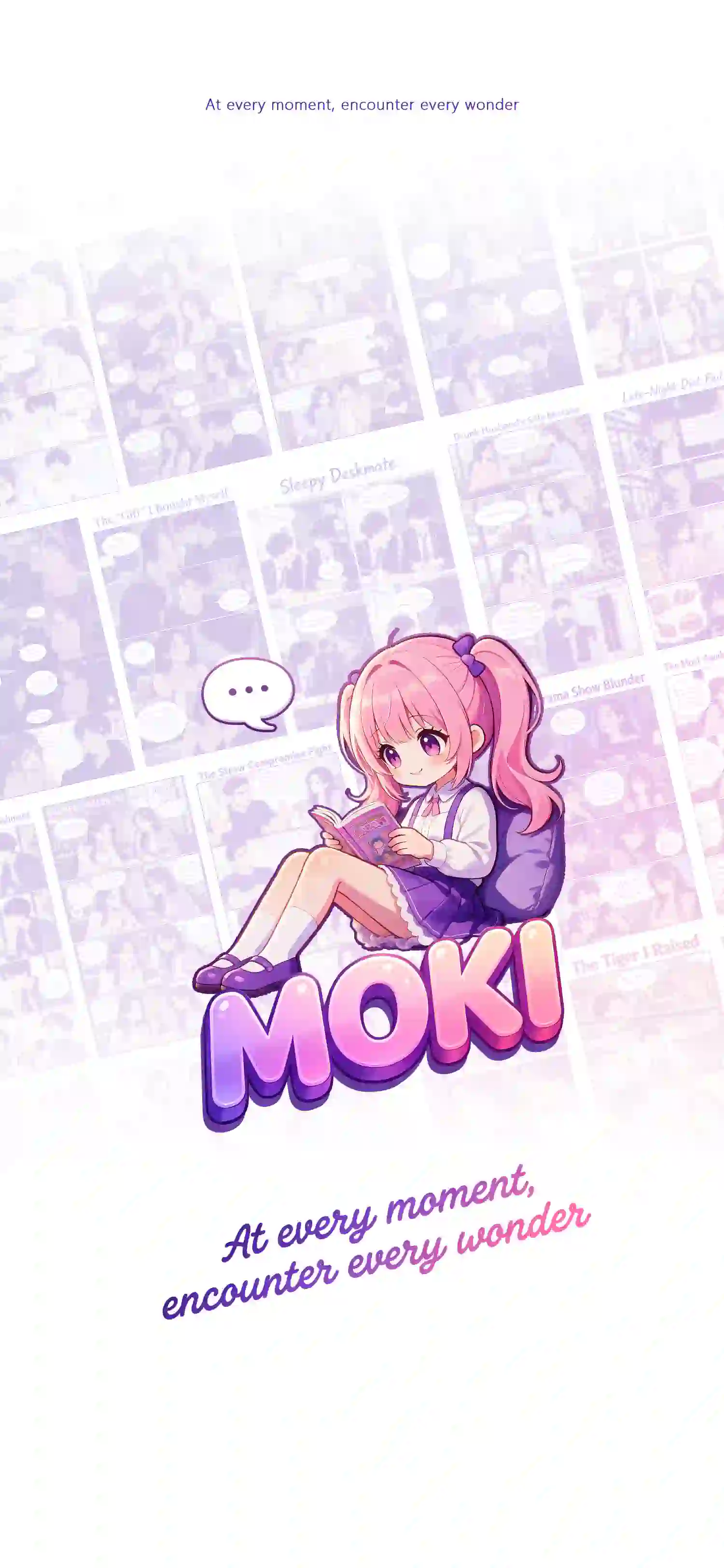 MoKi app opening screen with a pink-haired reader, comic collage, and the MOKI wordmark